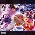 Artwork for Kirby: Planet Robobot featuring Kirby and Meta Knight battling Star Dream, with the Halberd and Susie in the background