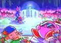A Coner peeks out from behind Kirby's chair in the "Friends' Getaway" Celebration Picture from Kirby Star Allies