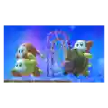 Guest Star ???? Star Allies Go! credits picture from Kirby Star Allies, featuring two Parasol Waddle Dees riding piggyback while a Waddle Dee is riding a Nruff