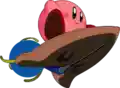 Artwork of Kirby riding atop the Rocket Star from Kirby: Right Back at Ya!