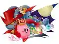 Artwork of Kirby holding a Treasure Chest and being pursued by the Squeaks in Kirby: Squeak Squad