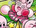 Two Kirbys riding a Slick Star in Find Kirby!! Big Gathering at the Party!