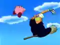 Kirby becomes the ball in the flying broomstick game.