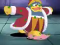 King Dedede is forced against his will by Anige to continue pummeling Kirby with his foot.