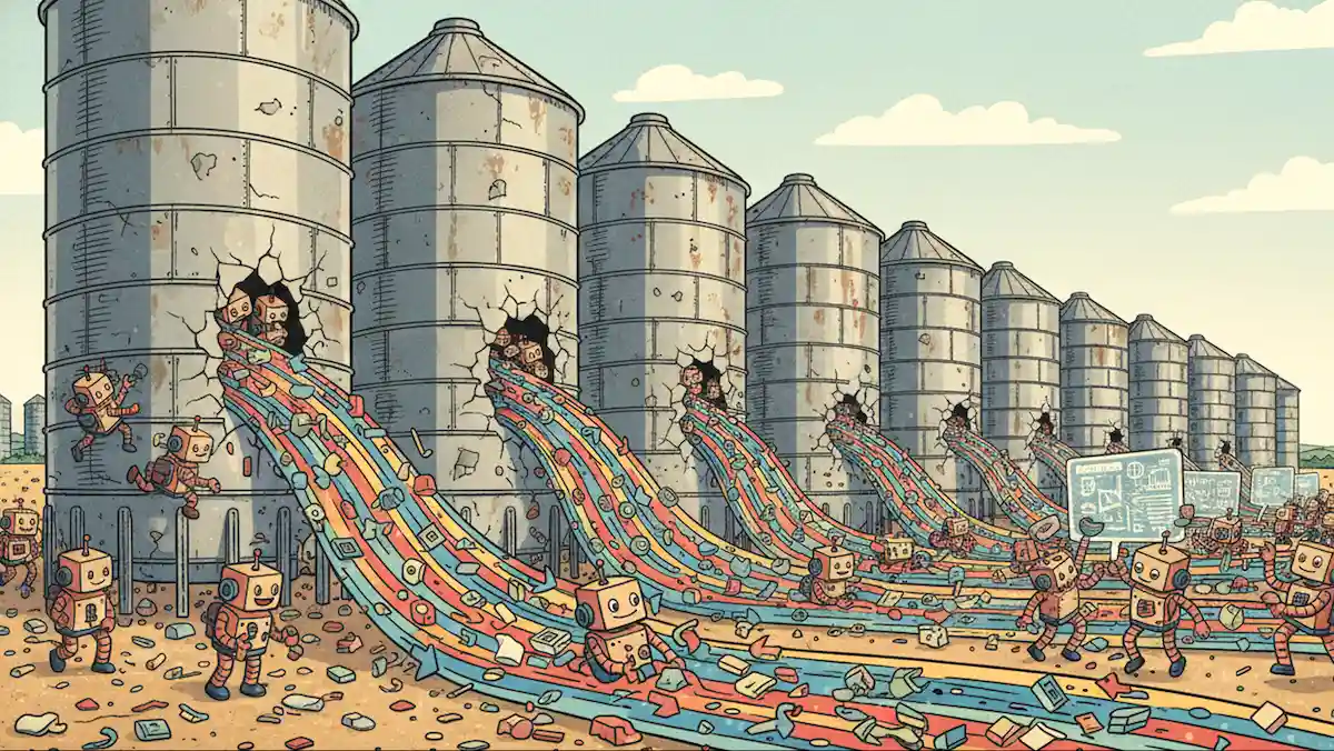 Robots extract colorful data streams from silo towers, highlighting data silos being broken.