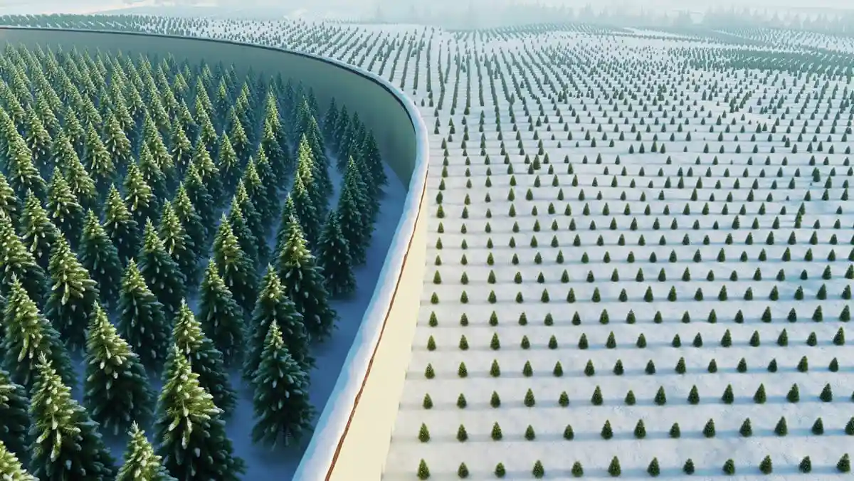 Two snow-covered tree plantations divided by a large wall under a clear blue sky.