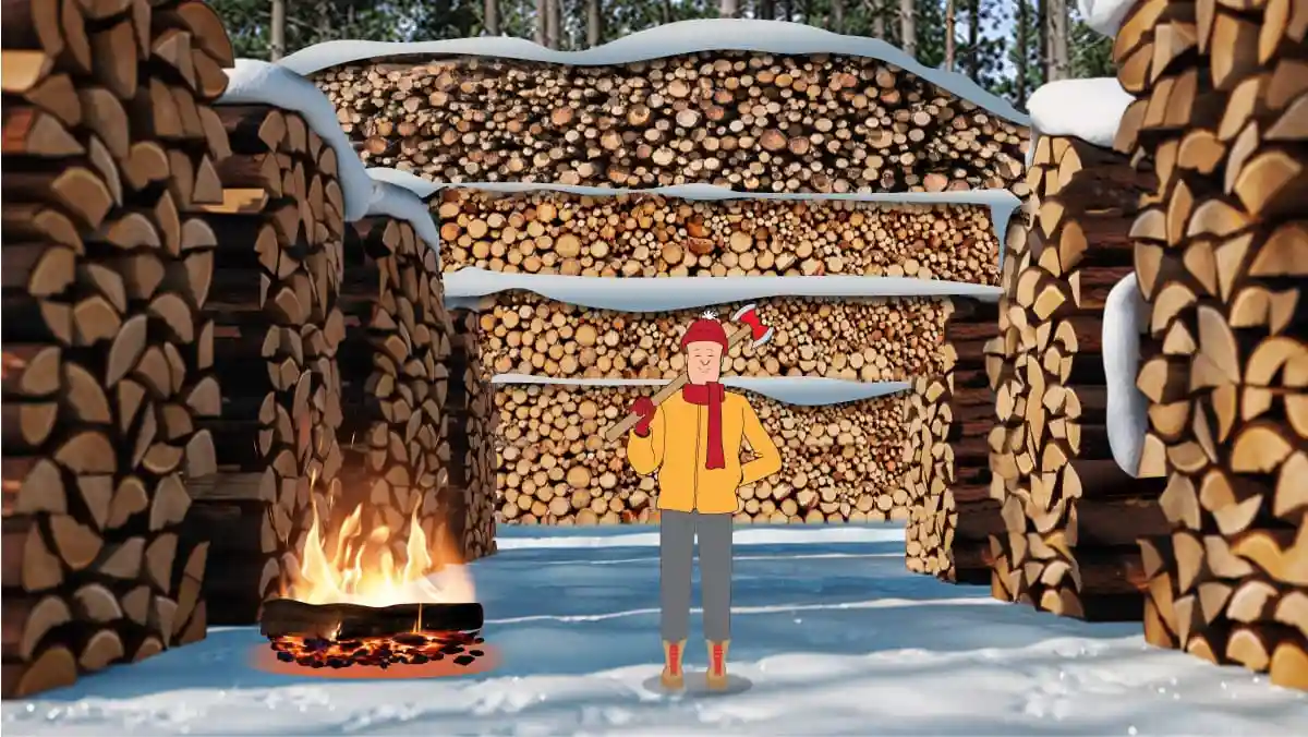 Snow-covered wood stacks surround a person with an axe, standing by a small fire in a forest setting.