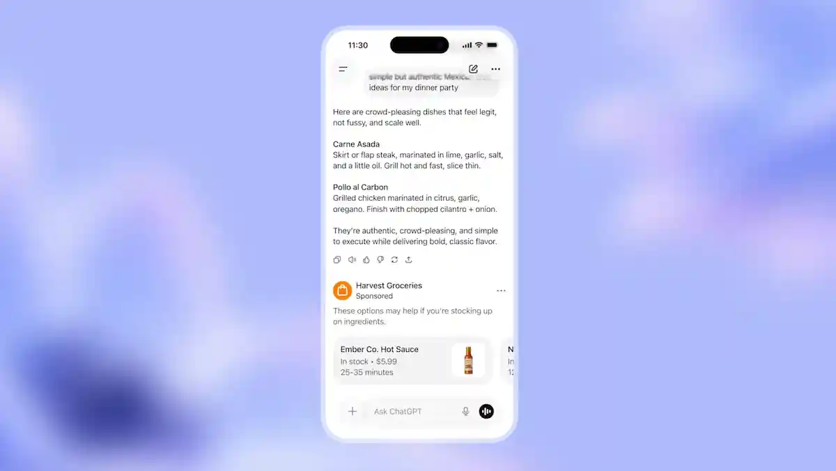 ChatGPT interface on a phone displays a conversation and a sponsored grocery ad at the bottom of the screen.