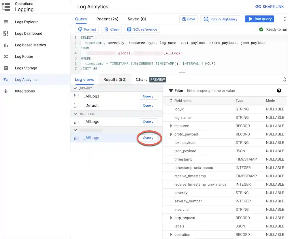 Log Analytics with the cloudaudit_googleapis_com_data_access table selected.