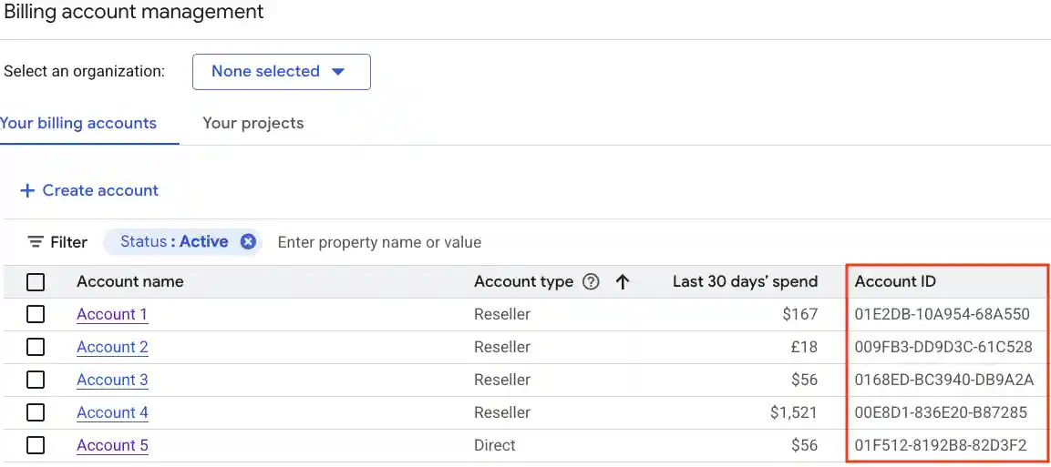 Screenshot of the Manage billing page showing the location of your billing account ID.