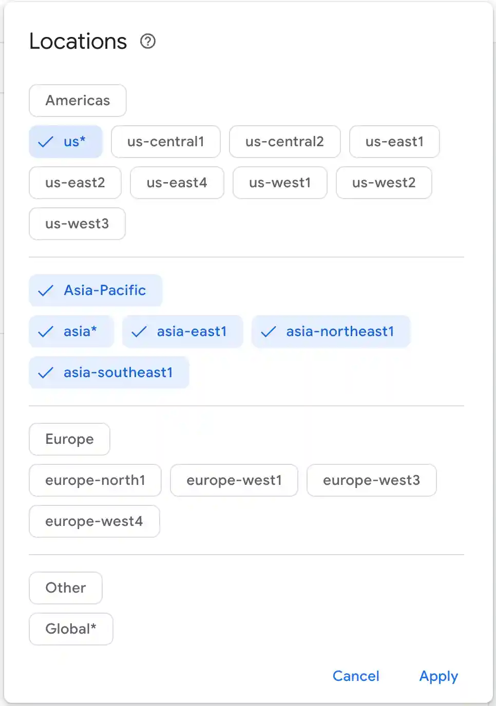 Configuring the Locations filter.