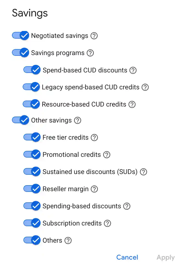Configuring the Savings filter.