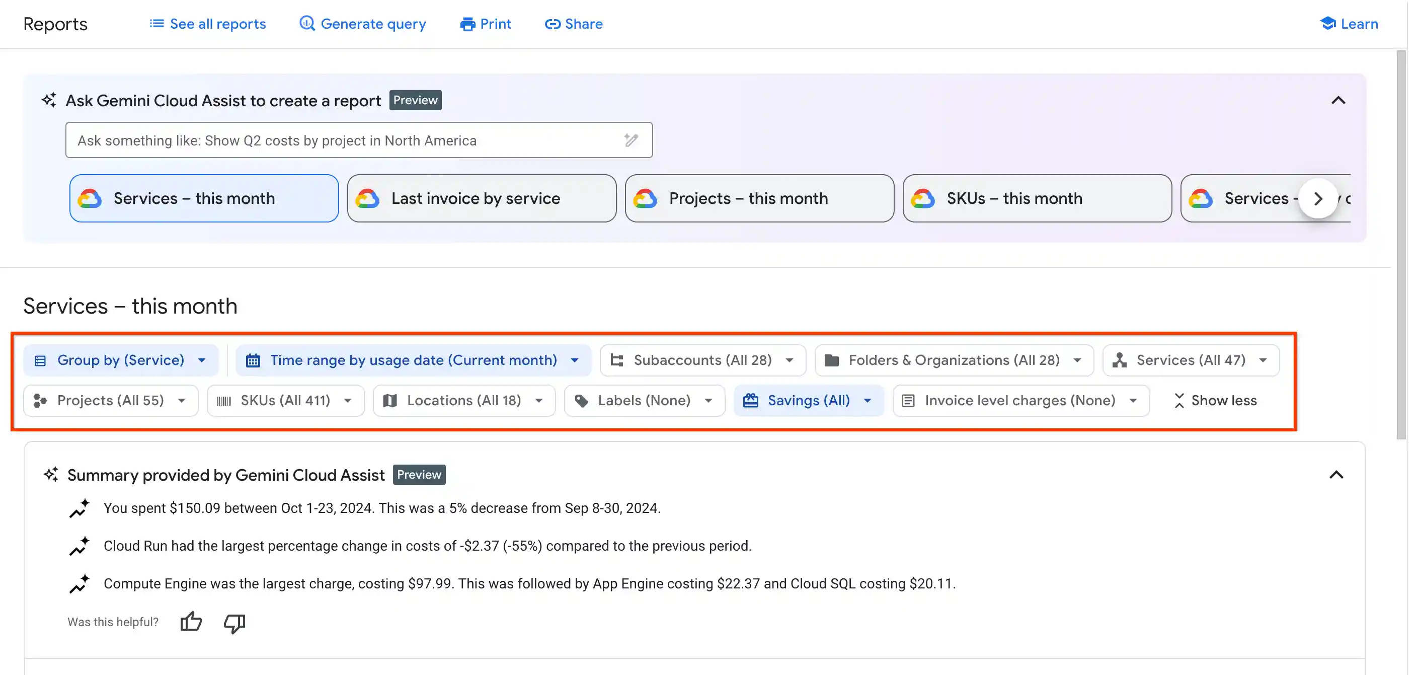 Example of the reports page, showing the report filters in a horizontal
   bar above the report.