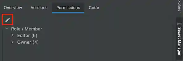 Permissions tab selected within the Secret Manager and Edit Permissions icon highlighted