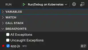 Breakpoints section in the left hand panel of Debug View that allows adding, removing, and disabling breakpoints