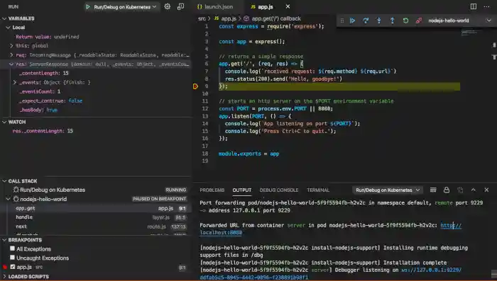 App paused at breakpoint with updated values