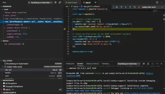 App paused at breakpoint and variables and call stack sections populated with values in scope