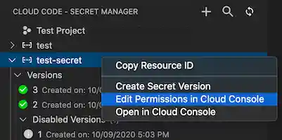 Right-clicked secret in Secret Manager panel