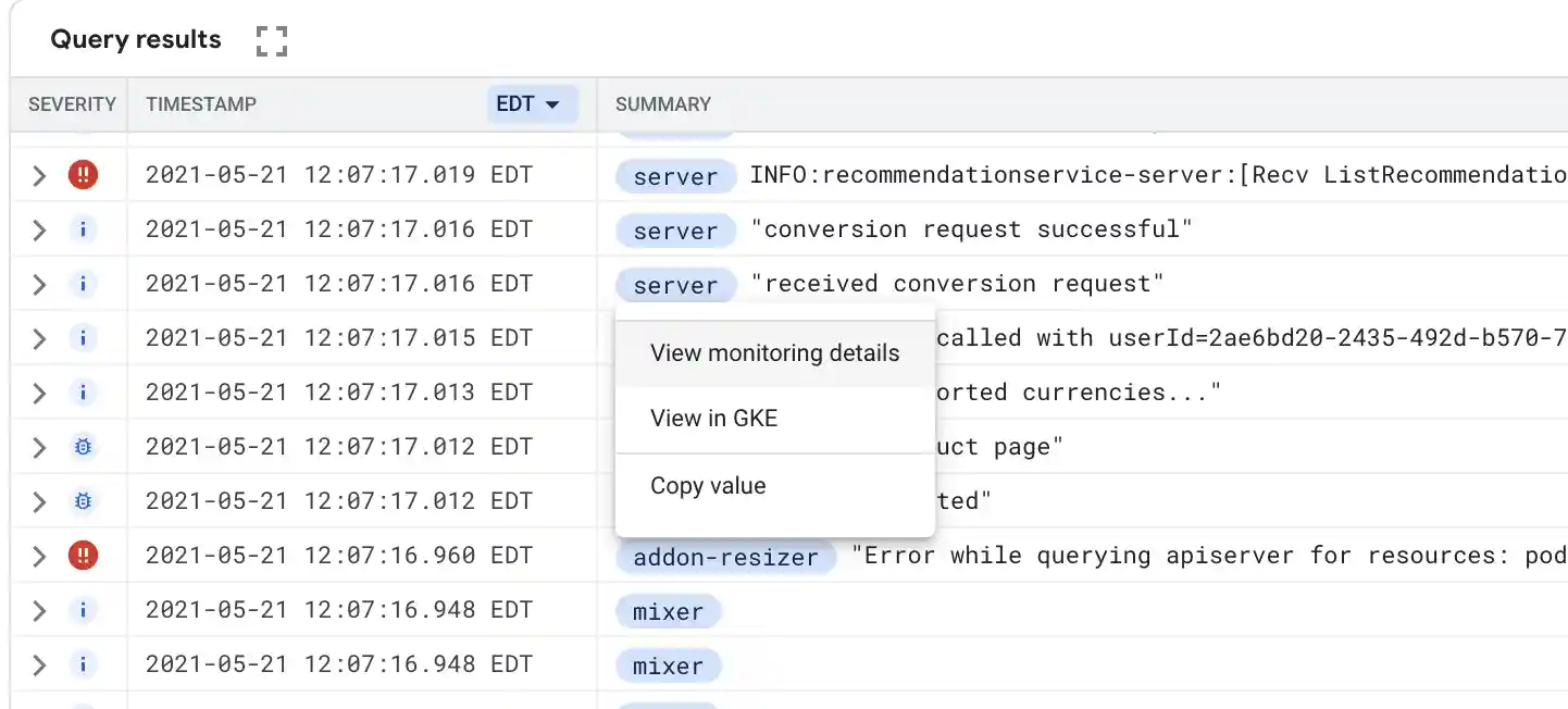 Display of Logs Explorer menu for GKE resources.