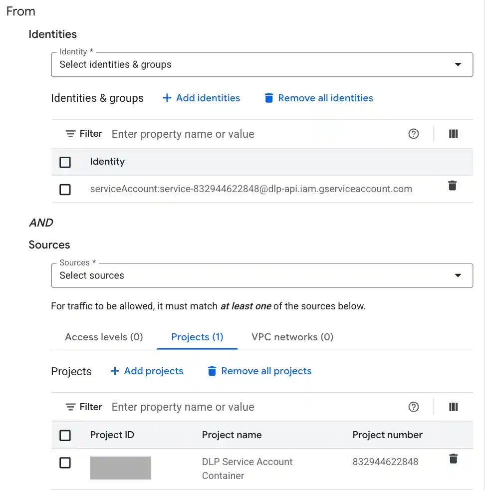 Ingress rule with both a service agent ID and a project set.