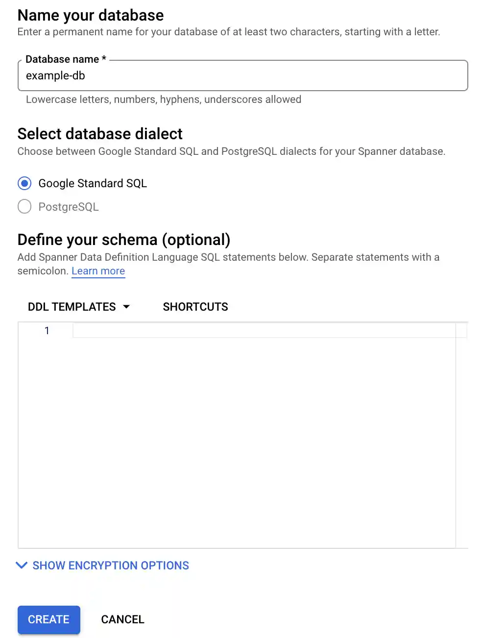 The updated database creation window.