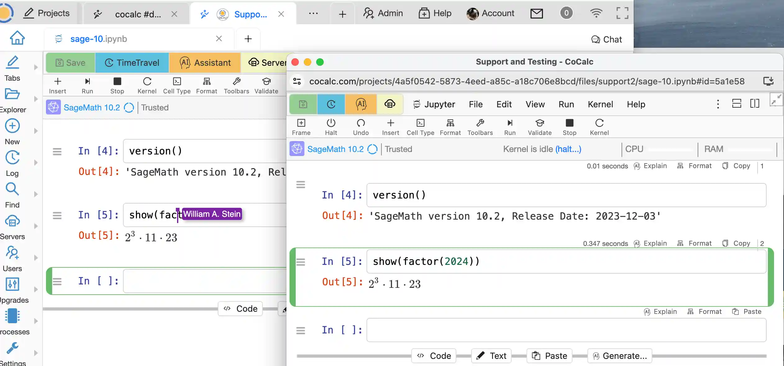 Two browser windows editing the same Jupyter notebook
