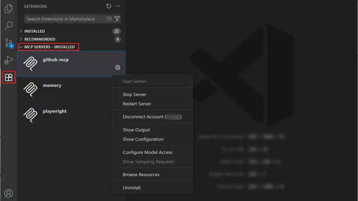 Screenshot showing the MCP servers in the Extensions view.