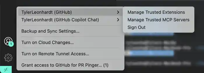 Screenshot that shows the Accounts menu with the Manage Trusted MCP Servers action.