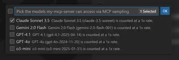 Screenshot that shows the Configure Model Access dialog for an MCP server.