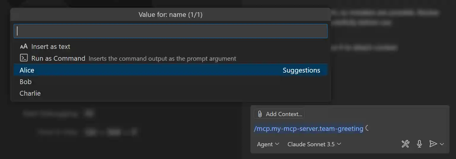 Screenshot that shows the prompt dialog for an MCP prompt with input parameters.