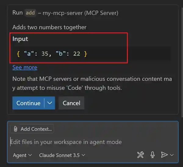 Screenshot that shows the tool confirmation dialog with input parameters for an MCP tool.