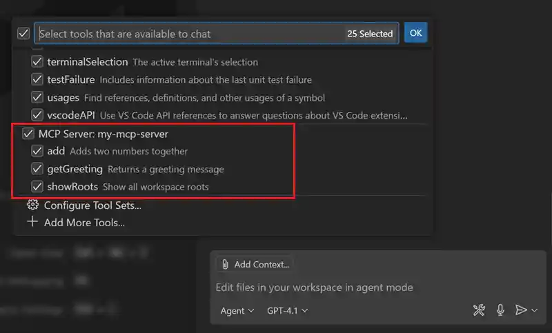 Screenshot that shows the tools picker in agent mode, highlighting tools from an MCP server.