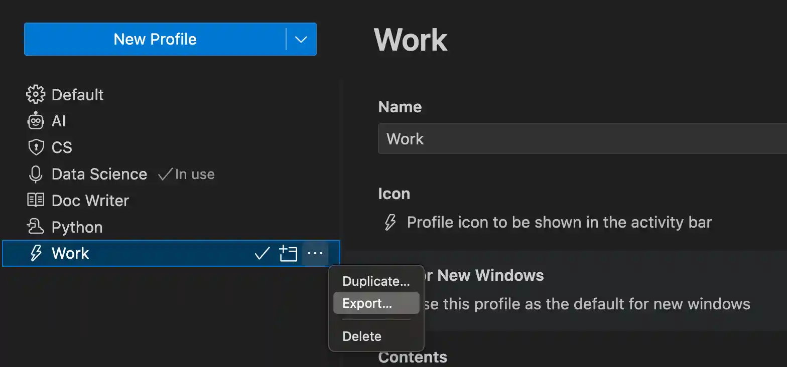 Export profile from the Profiles editor