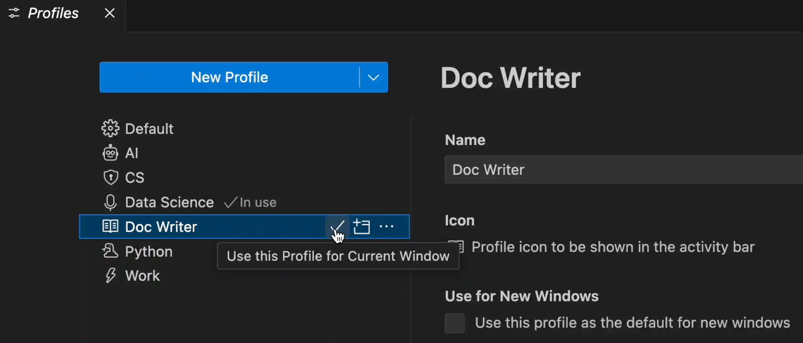 Switch profile from the Profiles editor