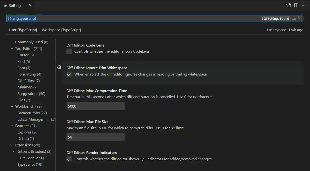 Settings editor showing a specific language filter