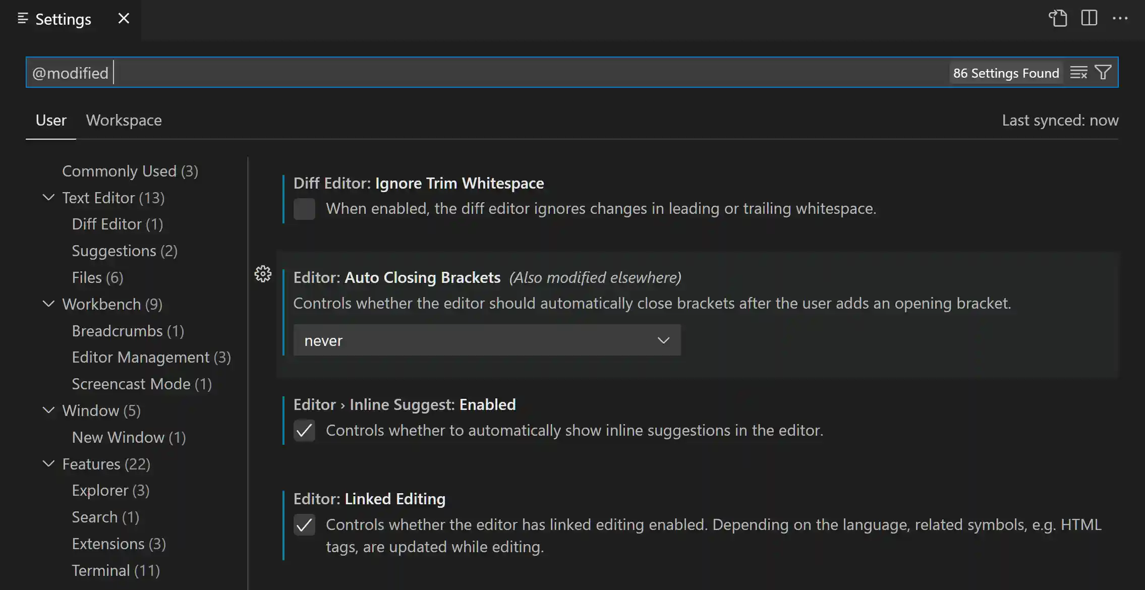 Settings editor with @modified filter showing changed settings