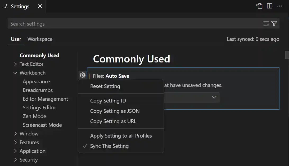 Settings edit gear context menu