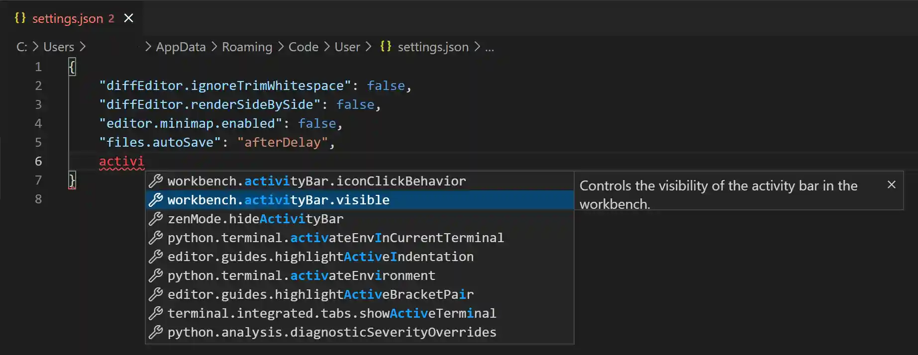 IntelliSense for settings.json open in the editor