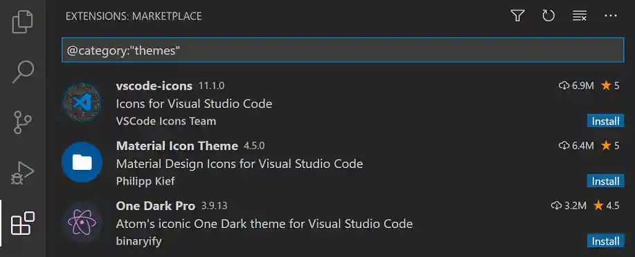 Searching for themes in the Extensions view