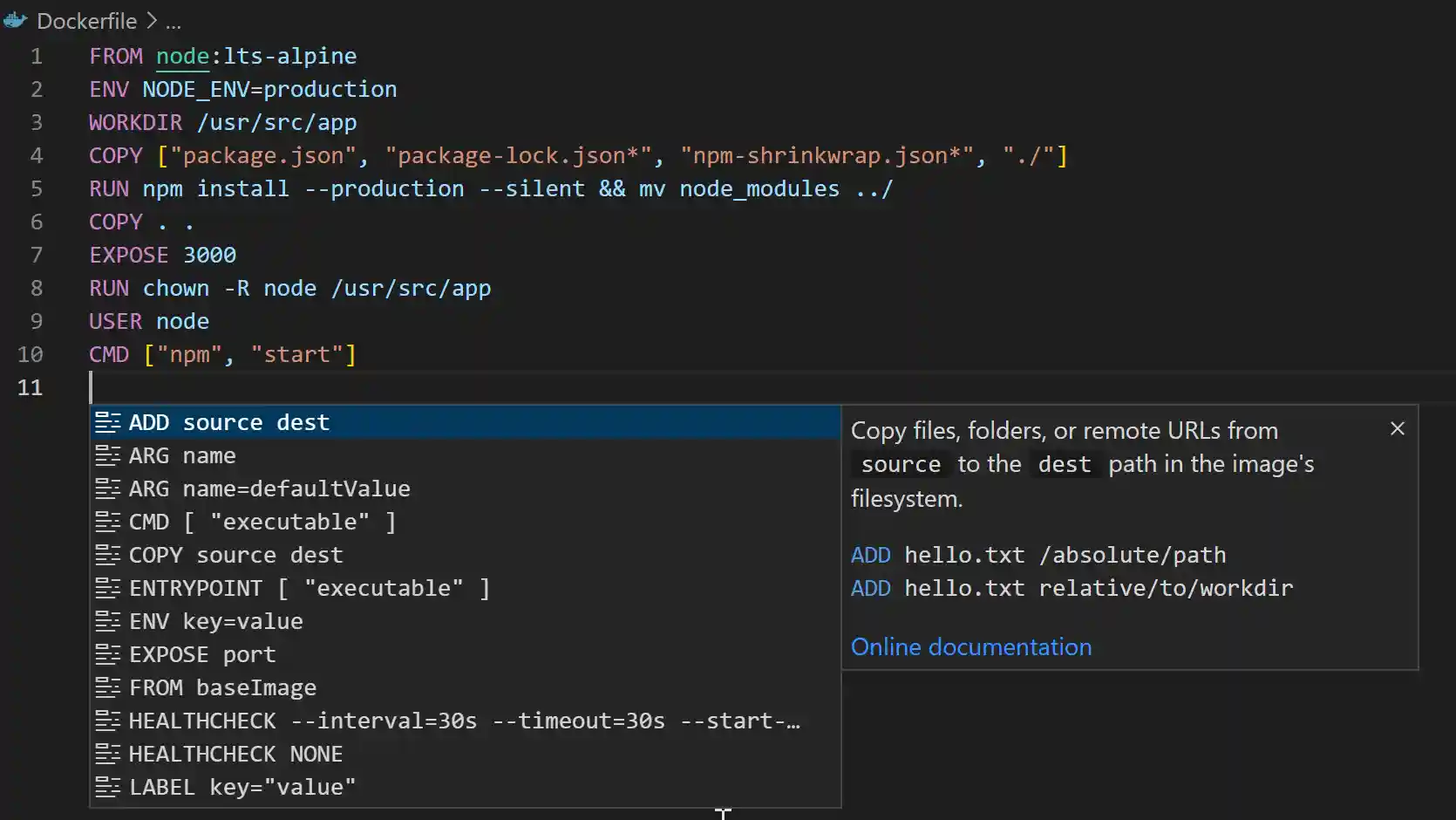 IntelliSense for Dockerfiles