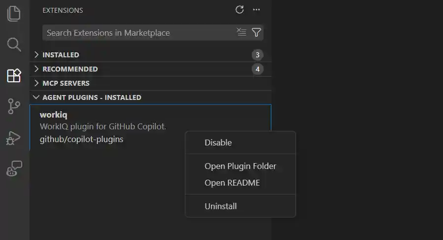 Screenshot of the Agent Plugins - Installed view in the Extensions view.