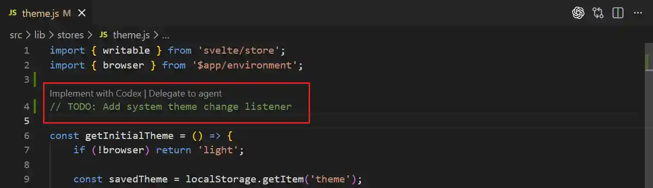 Screenshot of assigning a TODO comment to Copilot coding agent.