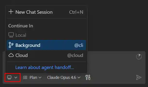 Screenshot showing the session type dropdown for handing off to another agent.