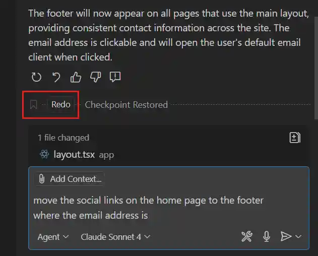 Screenshot of the Chat view, showing the Redo button to redo the changes after restoring a checkpoint to a previous state.
