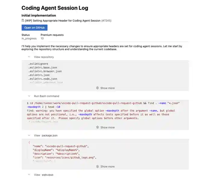 Screenshot showing the session log of a coding agent session.