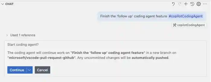 Screenshot showing handing off a session to Copilot coding agent