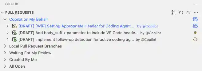 Screenshot showing status of multiple coding agent pull requests