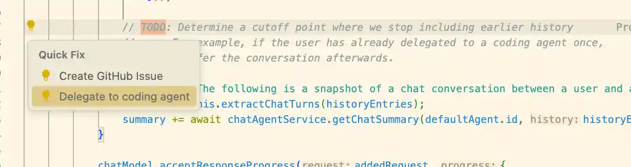 Screenshot of a code action above a 'TODO' comment called 'Delegate to coding agent'