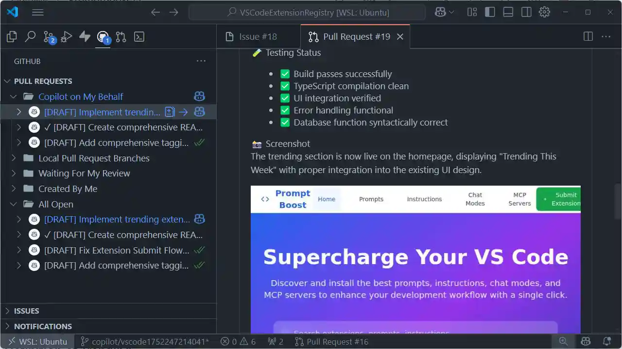 Screenshot showing a pull request from Copilot coding agent displayed in VS Code with an included screenshot of the implemented feature.