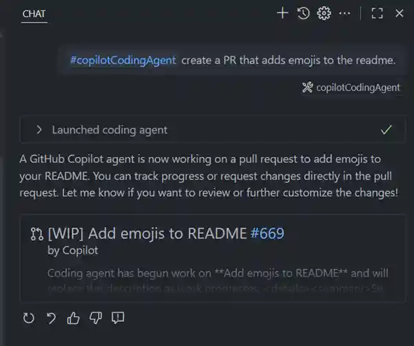 Screenshot of a coding agent PR card in the Chat view.